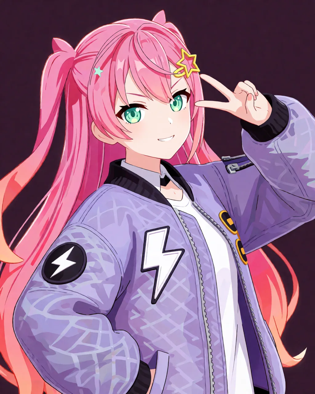 Hyper-Oneechan: anime girl with long pink twin tails, mint-green eyes and a lilac bomber jacket, flashing a peace sign