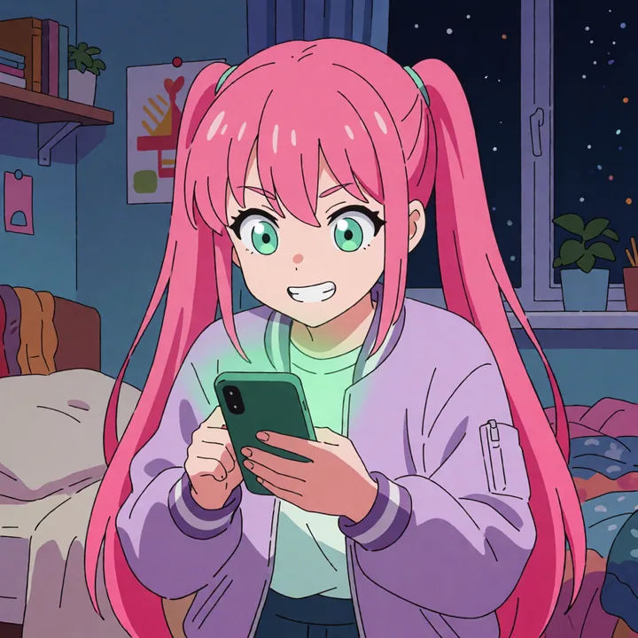Oneechan staring at her phone with sparkling eyes