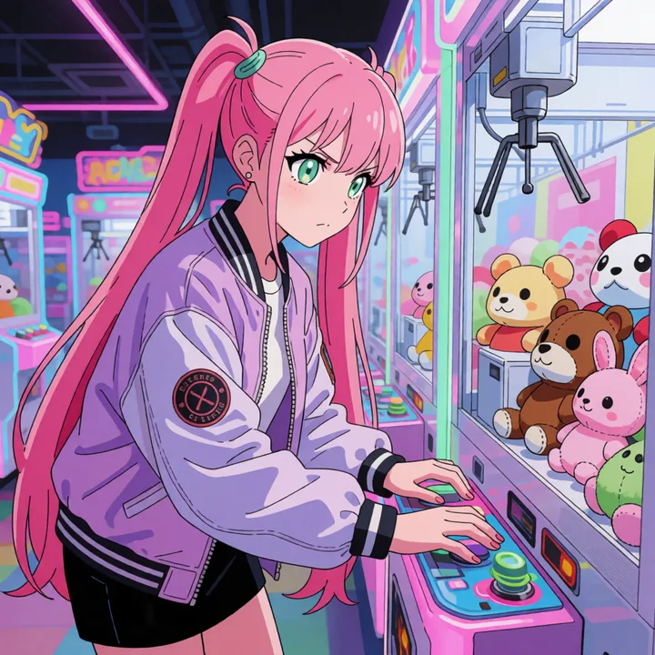 Oneechan concentrating on a claw machine