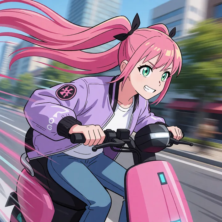 Oneechan speeding on a pink scooter